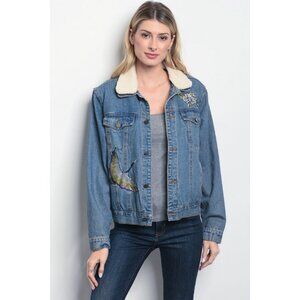 Fleece Lined Denim Jacket Embroidered Medium Blue Boho Size S M or L